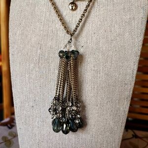Loft Brand Green Iridescent Crystal Gold Tone Cube Teardrop Beaded Necklace EUC